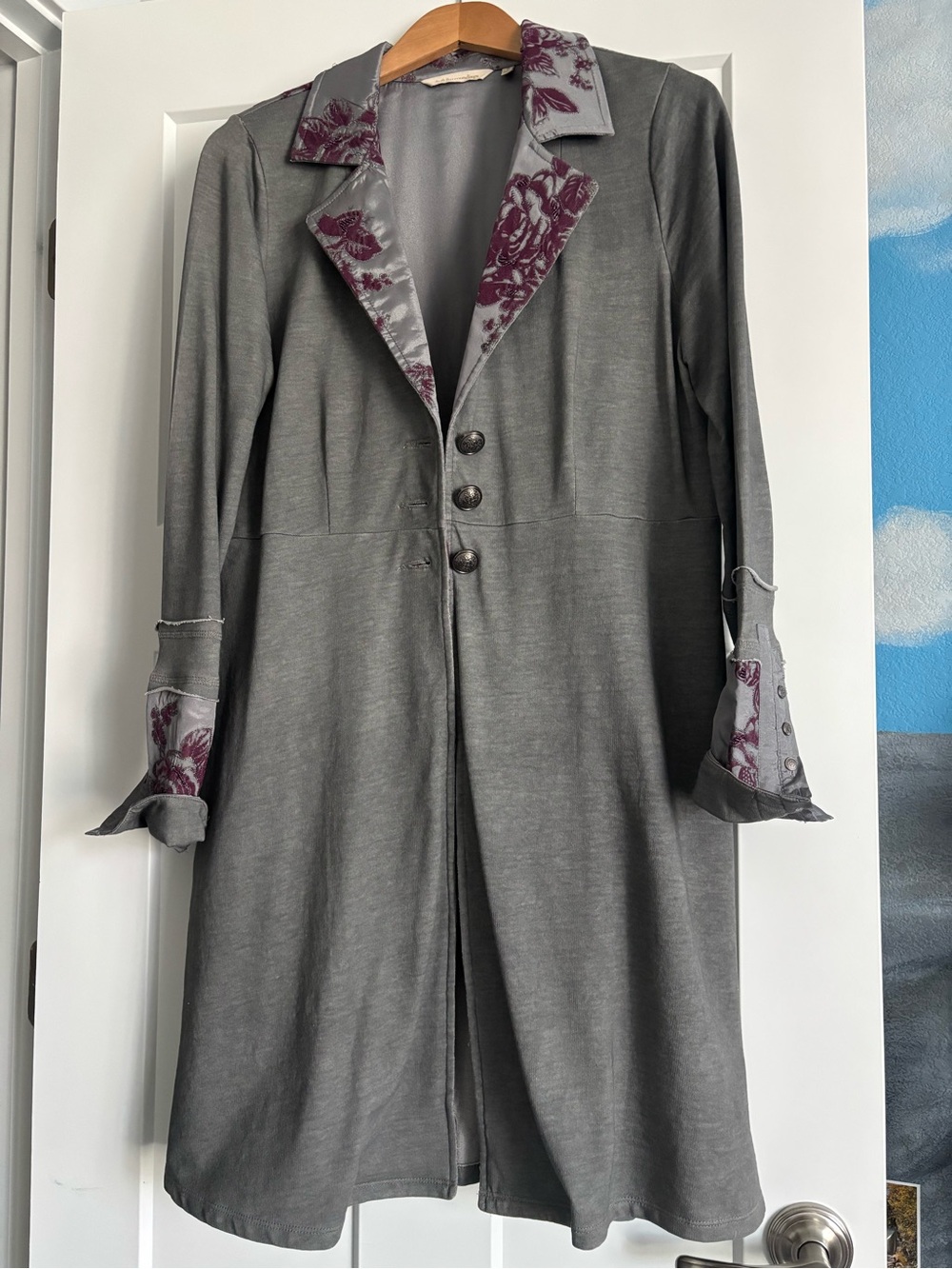 Soft Surroundings Gray Trench Coat Plum Floral Trim with Pockets